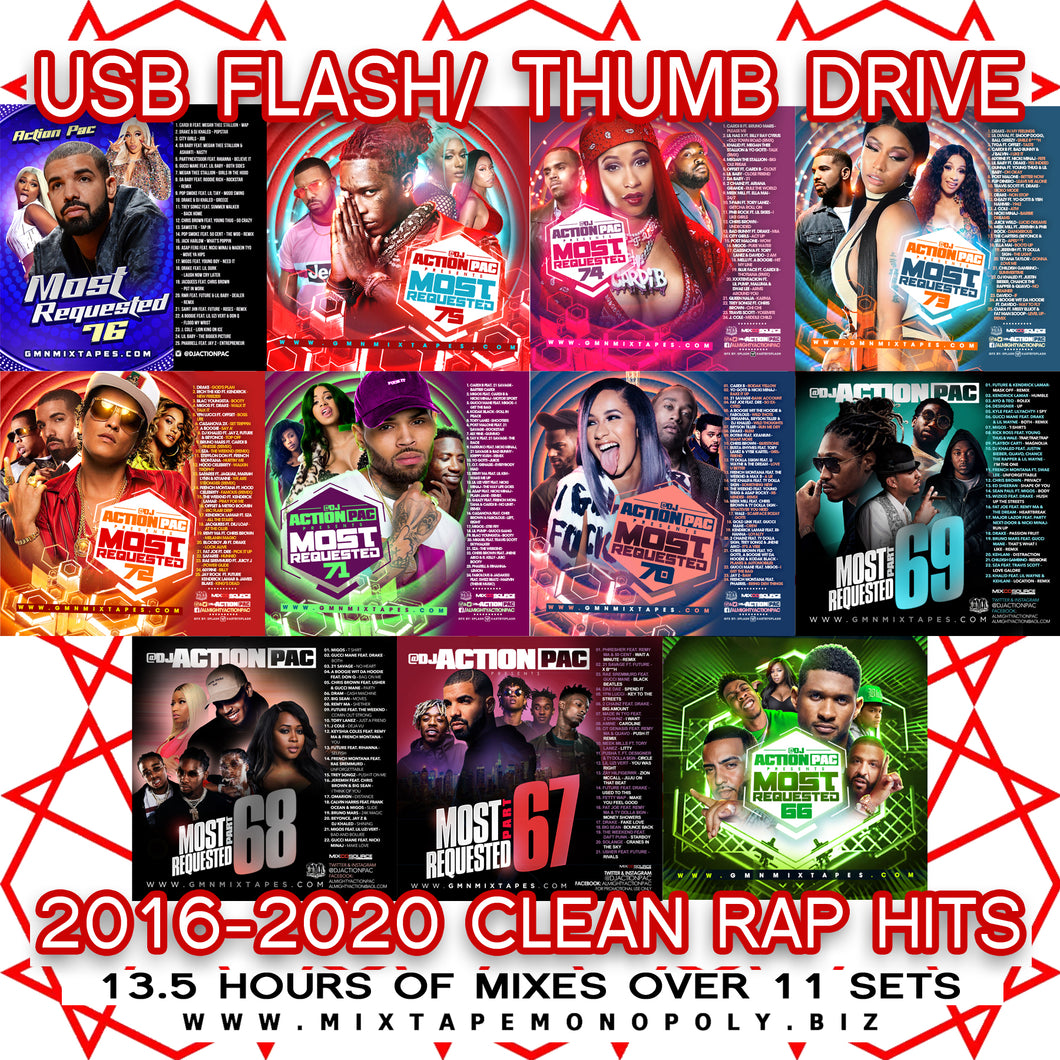 Most Requested (2016-2020), USB Flash Drive, Thumb Drive, Rap/ R&B Party Mixes, 13.5 Hours, 11 Sets